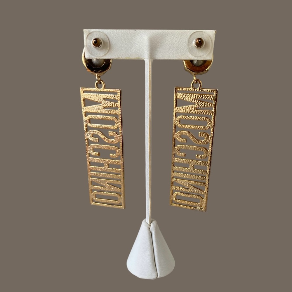MOSCHINO Logo Post Gold Plated Earrings with Champagne Rivoli Rhinestones - Picture 3 of 6